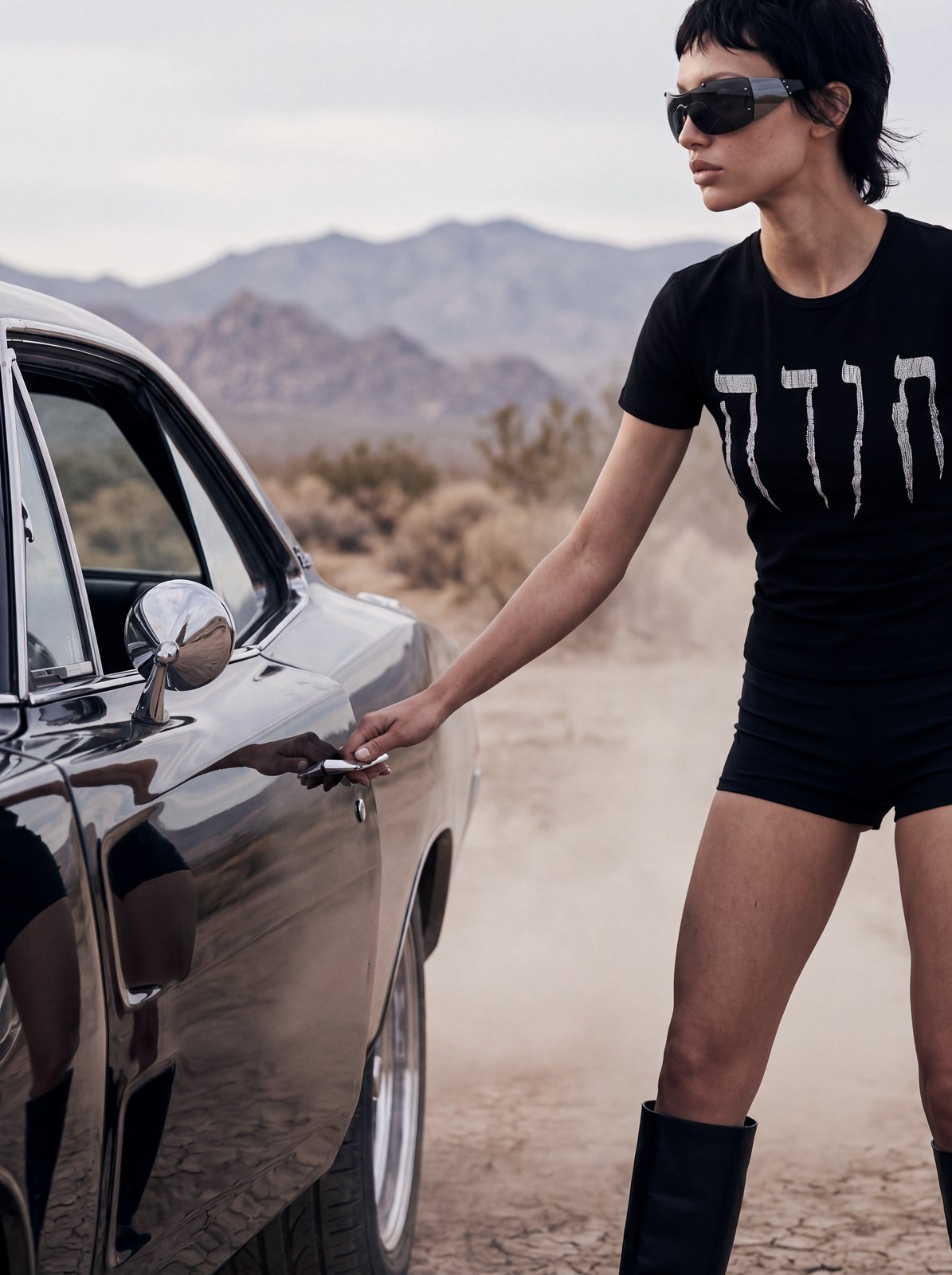 Desert editorial: model leaning on the car door